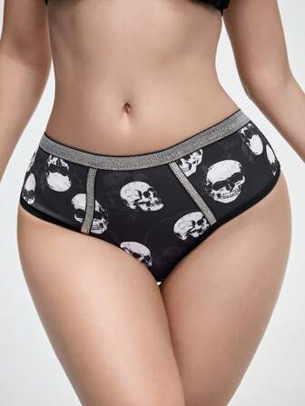 1 pièce Culotte tanga gothique à motif crâne avec bande argentée