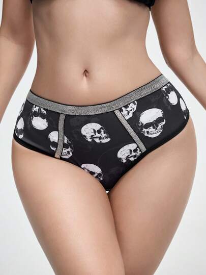 Goth 1pc Gothic Silver Strap Skull Pattern Thong Panties