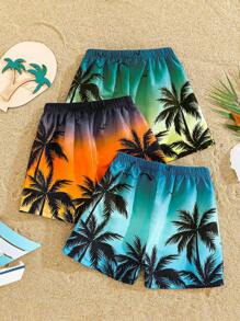 SHEIN Set de 3 pantalones cortos de playa informales para niños, pantalones cortos de playa versátiles y cómodos con estampado de árbol de coco, de secado rápido, conjunto de ropa de baño