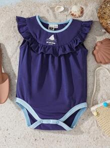 Shark Week X SHEIN Baby Girl Shark Print Purple Ruffle Trim Cute Bodysuit - Navy Blue - View 1
