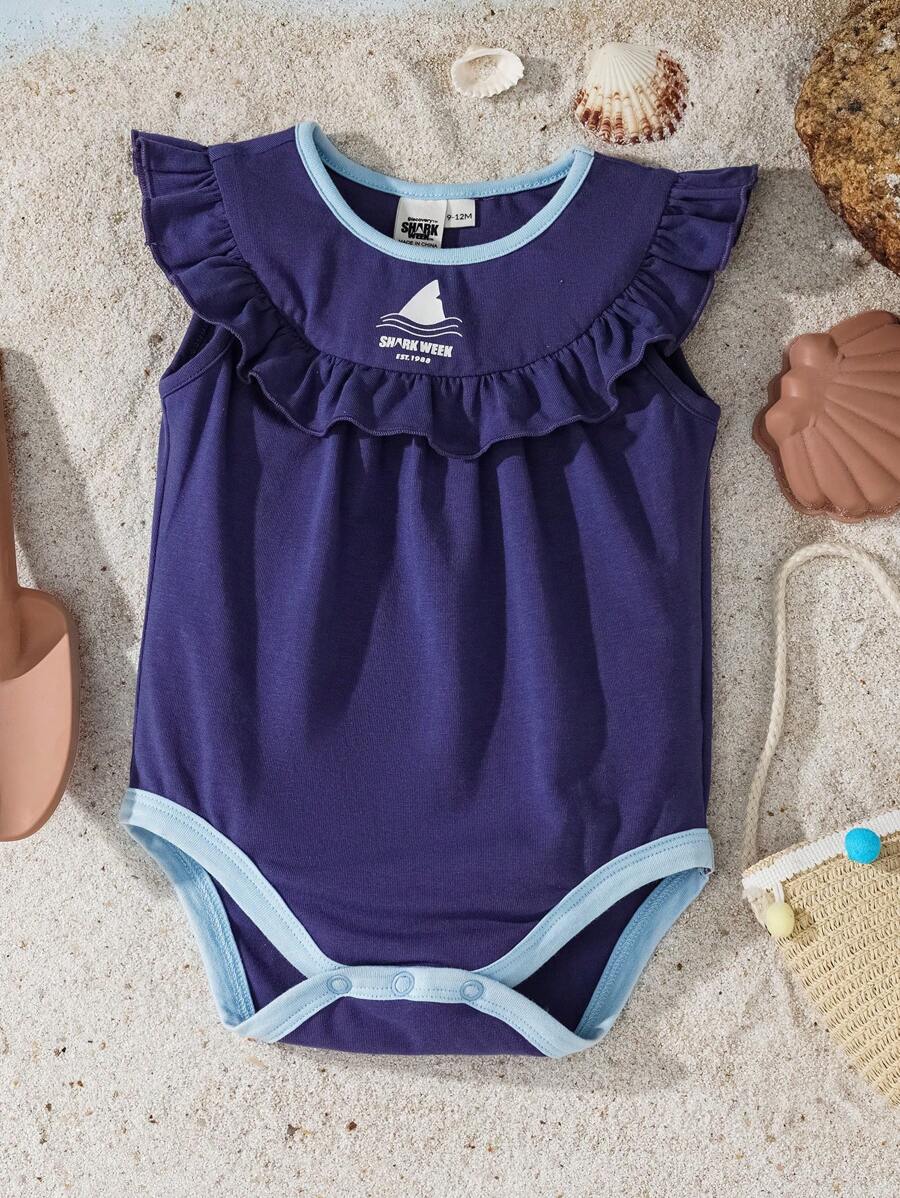Shark Week X SHEIN Baby Girl Shark Print Purple Ruffle Trim Cute Bodysuit - Navy Blue - View 1