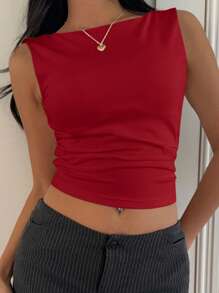SHEIN EZwear Burgundy Sleeveless Crop Top With Cotton Lining, Spring/Summer Red - Burgundy - View 5
