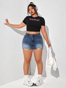 SHEIN ICON Plus Size Ripped Skinny Pocket Jean Shorts, Sexy For Summer - Blue - View 7