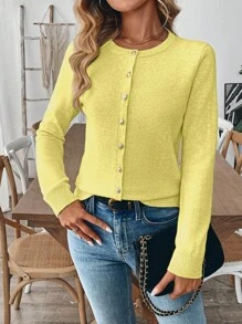 SHEIN Unity Women Single-Breasted Casual Long Sleeve Cardigan, Solid Color Versatile - Yellow - View 4