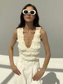 Aloruh Women's Solid Deep V-Neck Casual Vacation Tank Top, Suitable For Summer