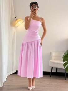 Islaluna فستان نسائي أحادي اللون ذو ياقة غير متماثلة، كم دون أكمام ، مطوي