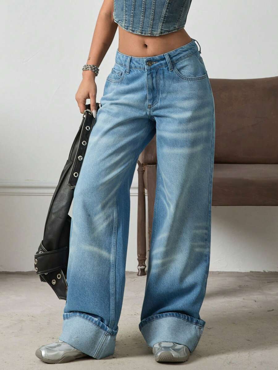 EURMUSE HIGH RISE WIDELEG JEAN WITH FOLDED UP HEM Women S Bottoms Wide Leg Jeans Women - Light Wash - View 1