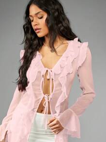 MISSGUIDED Capa larga de gasa con volantes y manga larga transparente con lazo delantero, para invitadas de boda, fiestas, playa, resort, verano, vacaciones - Falda midi cubierta - Rosa - Ver 4