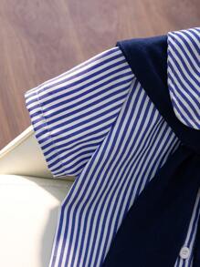 SHEIN Genkimix Kids 4 Stücke Set Kleine Jungenoutfit für den Sommer: gestreiftes Kurzarmhemd, Shorts mit Gummibund, Schal und Gürtel, geeignet für Geburtstagsfeste, Hochzeiten, Taufen, Ein-Monats-Feier