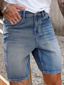 Manfinity Homme 男士深蓝色水洗牛仔休闲直筒舒适短裤 - 中等水洗藍 - 查看 4