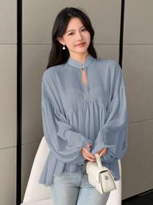 DAZY Women's Solid Color Standing Collar Long Sleeve Pleated Casual Vacation Blouse, Spring/Summer