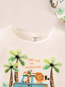SHEIN Playful Pals Set 2 Potong Baju Hoodie Lengan Pendek dan Celana Pendek Bermotif untuk Bayi & Balita Laki-laki, Musim Semi/Panas - MultiWarna - View 5