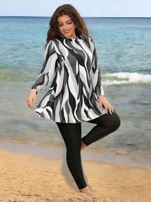 Swim Shayni 大码女式三件套：几何印花中长上衣，搭配长网眼裙和纯色裤子，保守中东风格比基尼泳装