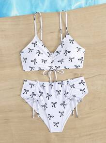 Women's Minimalist White Base Black Bow Ribbon Print Comfortable Swimsuit Top And Triangle Swimsuit Bottom Set, Random Print For Summer Beach Vacation - White - View 5