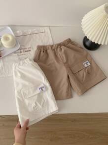 SHEIN Leap Crew 2 Pieces Set Young Boy Casual Comfortable Solid Color Shorts, White And Khaki - Multicolor - View 1