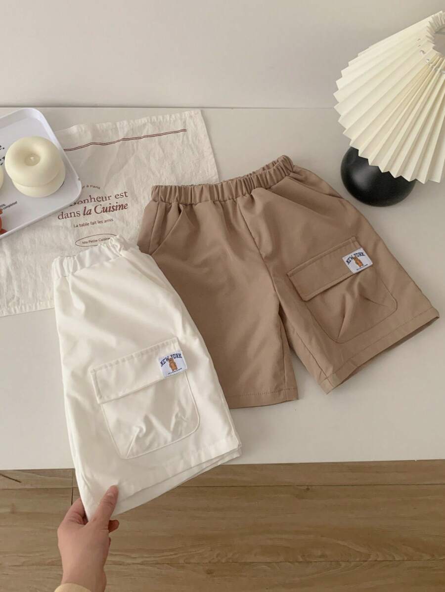 SHEIN Leap Crew 2 Pieces Set Young Boy Casual Comfortable Solid Color Shorts, White And Khaki - Multicolor - View 1