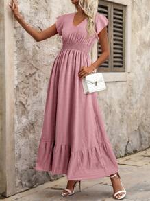 SHEIN Clasi Women's Elegant Shirred Cap Sleeve Elastic Waist Blue Summer Vacation Dress - Pink - View 3