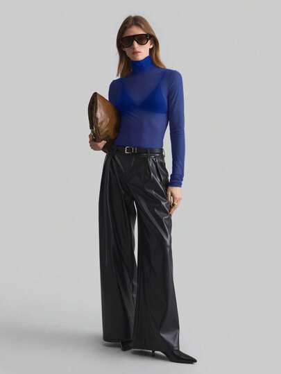 Ontre Women's Stockholm Style Teacher Autumn High Neck Knit Top, Elegant Autumn/Winter, Mesh Long Sleeve Top, Business Casual Basic Top