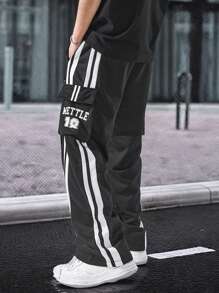 Manfinity EMRG Men's Casual Loose Sweatpants With Letter & Black And White Striped Side Design,Cargo Pockets Summer Streetwear City Break Tracksuit Pants - Black - View 2