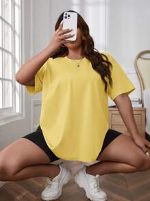 SHEIN EZwear 大码纯色圆领短袖T恤，夏季时尚 - 黃色 - 查看 6