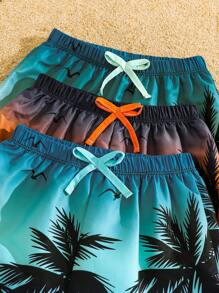 SHEIN Set de 3 pantalones cortos de playa informales para niños, pantalones cortos de playa versátiles y cómodos con estampado de árbol de coco, de secado rápido, conjunto de ropa de baño