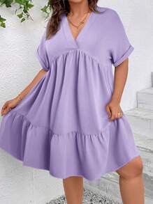 SHEIN VCAY Plus Size V-Neck Short Sleeve Casual Solid Color Dress, Simple & Fashionable - Mauve Purple - View 4