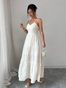Elenzga Vestido eleg nte de mujer con textura arrugada tejida en color albaricoque, cintura ajustada y volantes en tres niveles, para primavera/verano