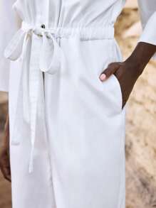 Maija 女式秋季白色牛仔连体裤，轻盈牛仔 3/4 袖，休闲抽绳腰部，百搭都市休闲套装，适合办公室穿着 - 白色 - 查看 7