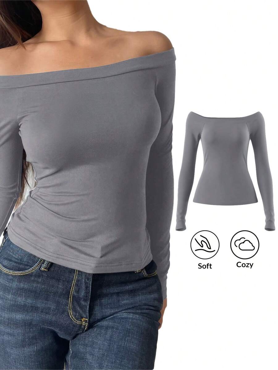 SHEIN BASICS Solid Color Off Shoulder Long Sleeve Fitted Regular Knit Top For Women, Casual - Grey - View 1