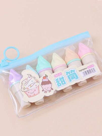6 pièces/set Stylo surligneur mignon de dessin animé, stylo fluorescent mini, cônes sucrés, glaces, griffes de chat. Ensemble de stylos aquarelle pour élèves, retour à l'école