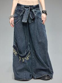 ROMWE Y2K Vintage Streetwear Ultra Low Waist Super Loose Fit Jeans - Navy Blue - View 6