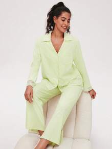 LUVLETTE Soft 100% Pure Cotton Lace Trim Button-Up Top & Pants Loungewear Pajama Set Pants With Pockets Fall Pajamas Clothes,Spring And Summer - Green - View 8