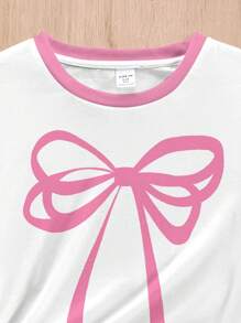 SHEIN Young Girls Casual Sweet Pink Bowknot Fitted Round Neck Short Sleeve Top And Plaid Pattern Pink Bowknot Pants 2-Piece Pajama Set, Suitable For Summer