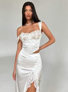 Aloruh Women Spring And Summer News Bust White Wedding Guests Lace Panel Satin Top And Lace High Slit Skirt Two Pieces Sets - White - View 1