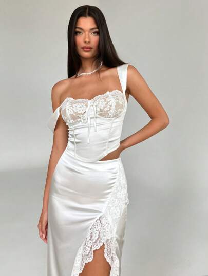 Aloruh Women Spring And Summer News Bust White Wedding Guests Lace Panel Satin Top And Lace High Slit Skirt Two Pieces Sets