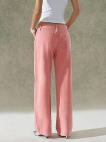 LYSMO 女式休闲粉色铆钉口袋设计牛仔裤 - 粉色 - 查看 2