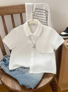 SHEIN 男童休闲多口袋工作服风格纯色梭织衬衫，适合学校、花园、海滩、生日，适合春、夏、秋、冬四季 - 白色 - 查看 3