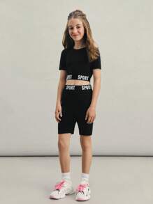 SHEIN 青少女休閒圓領T卹和褲子套裝，帶有裝飾性字母印花 - 黑色 - 查看 6
