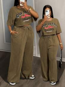 Slaydiva Plus Size Women's Casual Street Style Cropped T-Shirt & Loose Sweatpants 2 Pieces Set - Brown - View 1