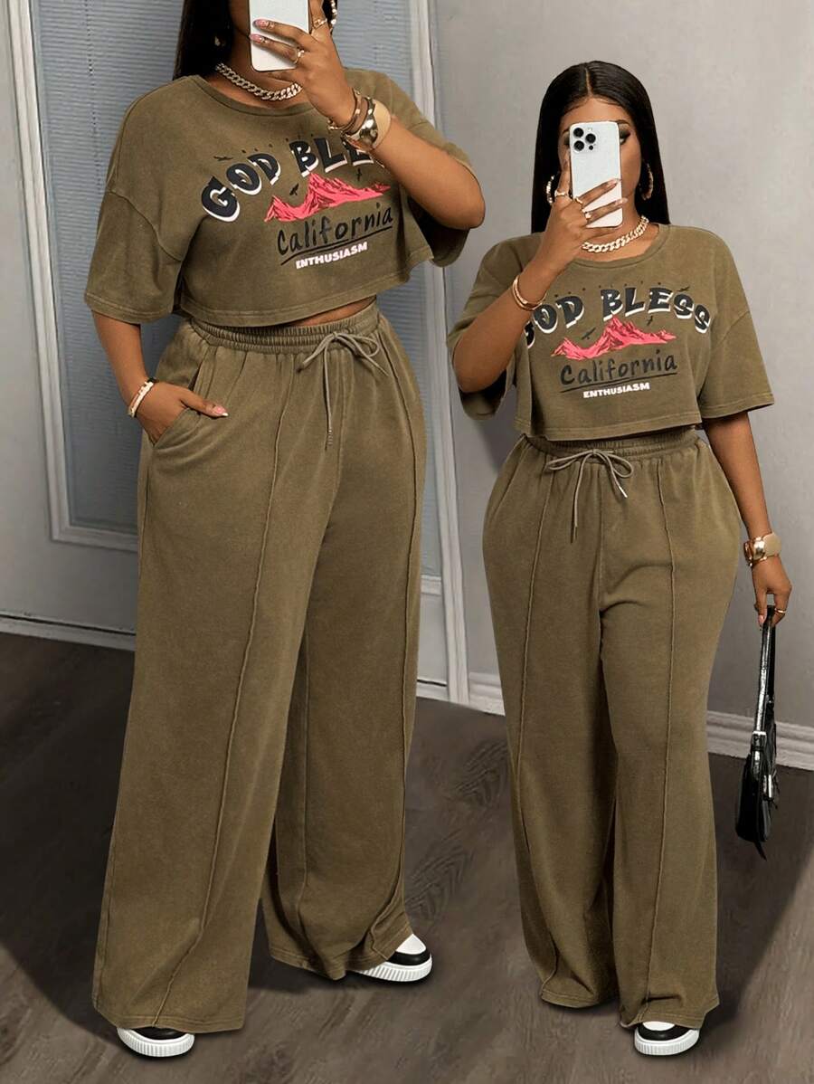Slaydiva Plus Size Women's Casual Street Style Cropped T-Shirt & Loose Sweatpants 2 Pieces Set - Brown - View 1