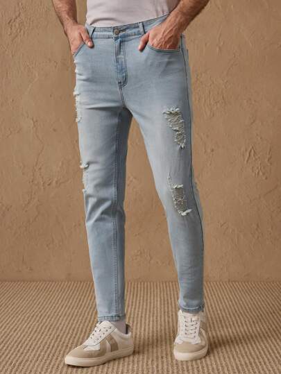 GENTILAND Calça jeans skinny masculina slim fit, elástica, desgastada e rasgada