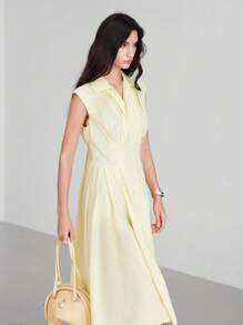 LYSMO Yellow Sleeveless Zip Front Casual Dress For Women - Yellow - View 4