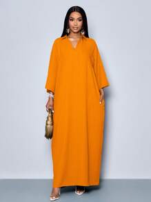 SOLERSUN Women's Fashionable V Neck Loose Batwing Sleeve Dress For Holiday Maxi Women Outfit - Orange - View 8
