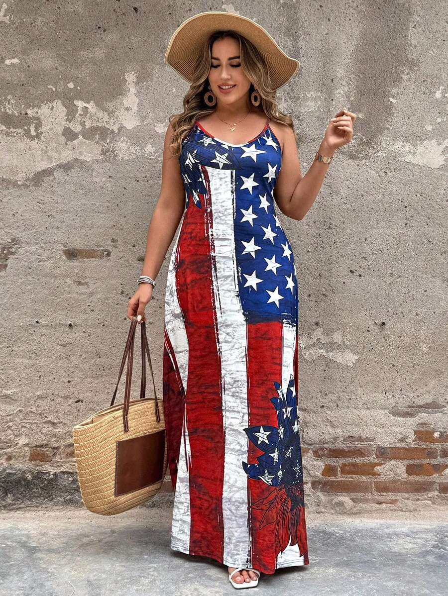 SHEIN Clasi 大码休闲度假美式印花连衣裙 - 彩色 - 查看 1