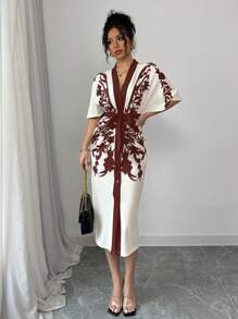 Elenzga Women's Plant Print V-Neck Short Sleeve Slim Fit Elegant Midi Dress, Suitable For Vacation - Rust Brown - View 5