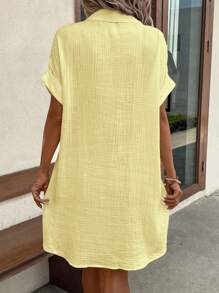 EMERY ROSE Women Minimalist Comfortable Casual Pure Cotton Reversible Double Pocket Shirtdress,Butter Yellow Dress
