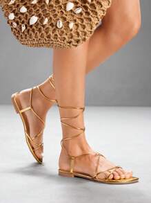 CUCCOO SZL 女士夏季水钻心形交叉踝带人字拖凉鞋，圆头，平底，性感，休闲，独特，个性化设计，金色金属材质，波西米亚风格沙滩人字拖 - 金色 - 查看 6