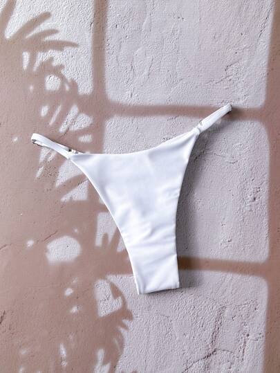 Swim Vcay Spring Break Women Solid Color Thong White Bikini Bottom, Minimalist, For Summer Beach Vacation