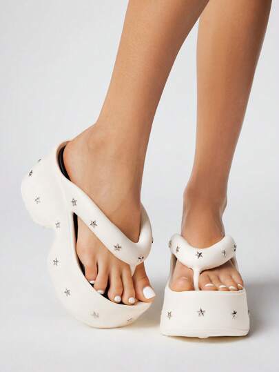 Grunge Punk Women's White Punk Rock Studded Open Toe Gothic Roman Beach Flip Flops, Summer, Halloween