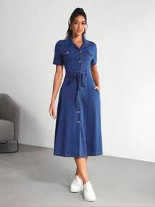 SHEIN Essnce Women's Denim Dress Short Sleeve, Fashionable For Summer - Blue - View 6